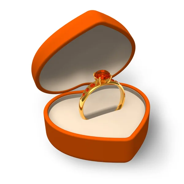 Orange heart-shape box with golden ring with jewels