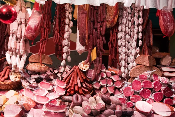 Meat and sausages in market