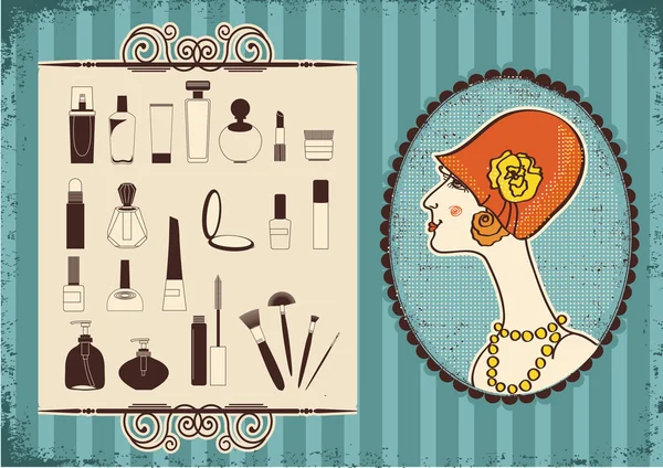 Vintage woman face in fashion hat and cosmetics background