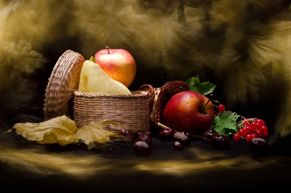 Still life with autumn vegetables and fruits on black background