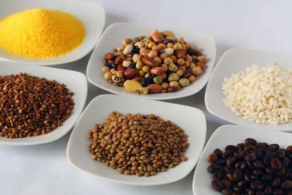 Beans, rice, buckwheat, lentils, maize, coffee