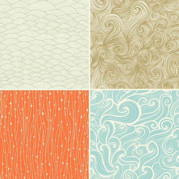 Set of four seamless abstract hand-drawn pattern, waves backgrou