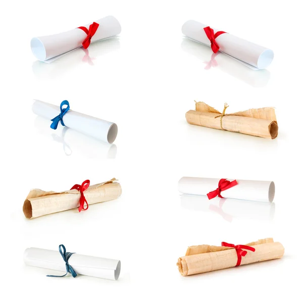 Collection of rolls white paper and papirus with ribbons