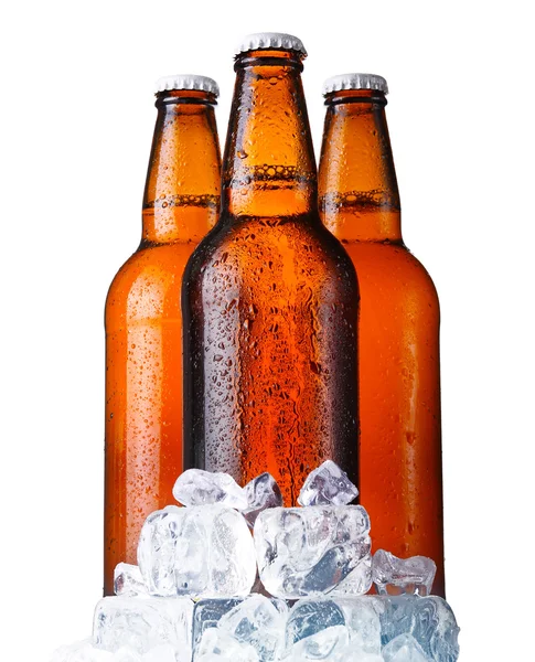 Three brown bottles of beer with ice isolated on white