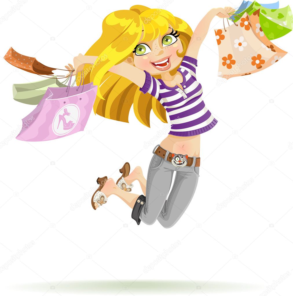 Cute blond girl shopaholic with shopping bags isolated on white ...