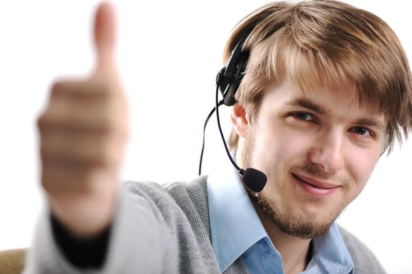 Young male support guy representative with headset on