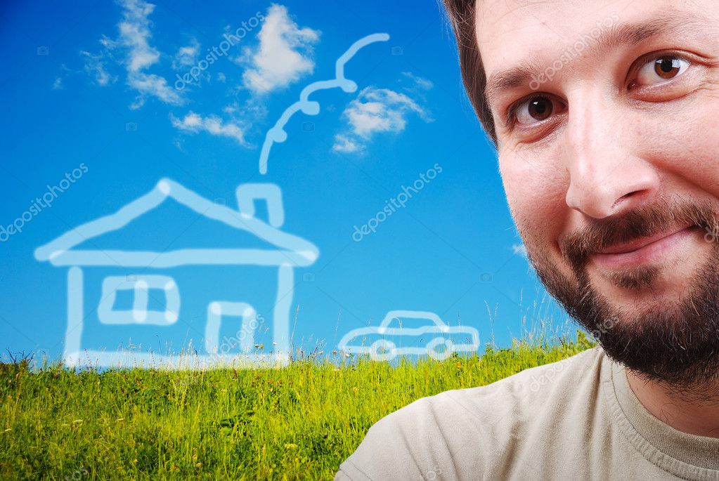 Mutlu genç adam, ev ve araba güzel çayır üzerinde hayal ile — Fotoğraf sahibi zurijeta - depositphotos_8848288-Happy-young-man-with-imagination-of-house-and-car-on-beautiful-meadow