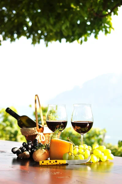 Red wine, grapes and cheese. Lavaux region, Switzerland