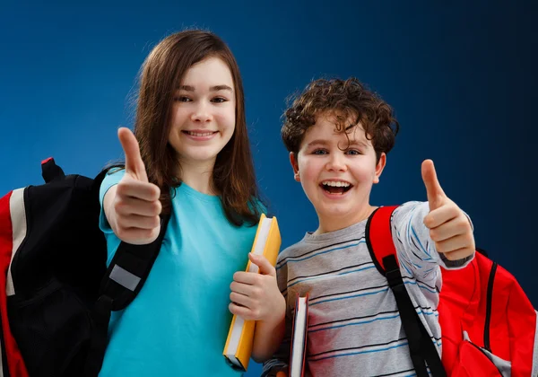 Students showing OK sign on blue background