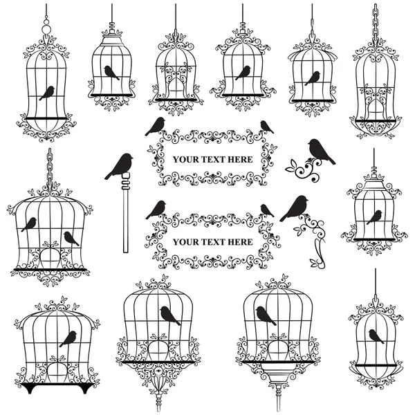 Illustrated birds in cages