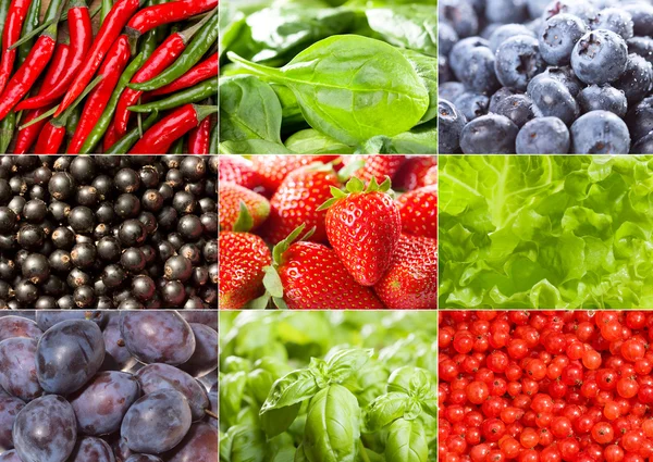 Collage with different fruits, berries and vegetables