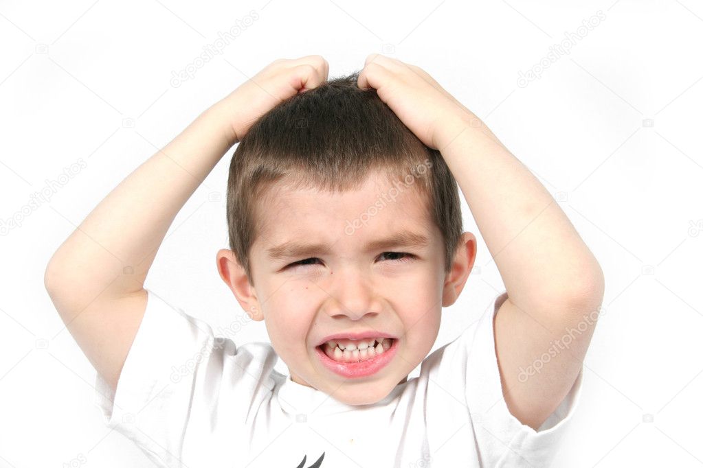 Niño enojado con las manos sobre la <b>cabeza - loco</b> — Foto de melking - depositphotos_8999789-Angry-Boy