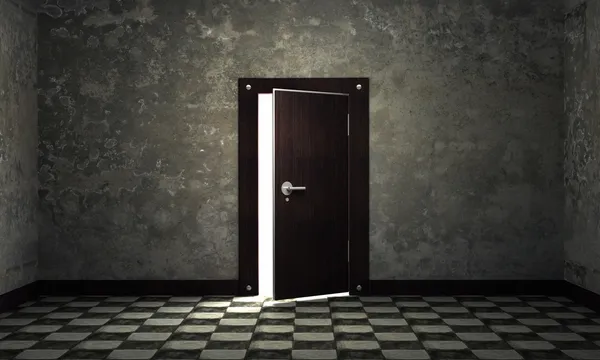 Bright light through an open door in empty room 3d background
