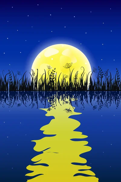 Yellow moon with reflection at water and grass meadow