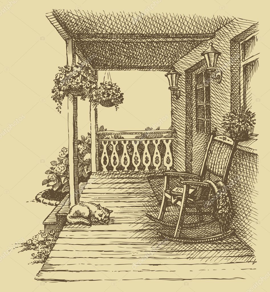 Ink drawing comfortable rocking chairs on the veranda Ink drawing comfortable rocking chairs on the veranda