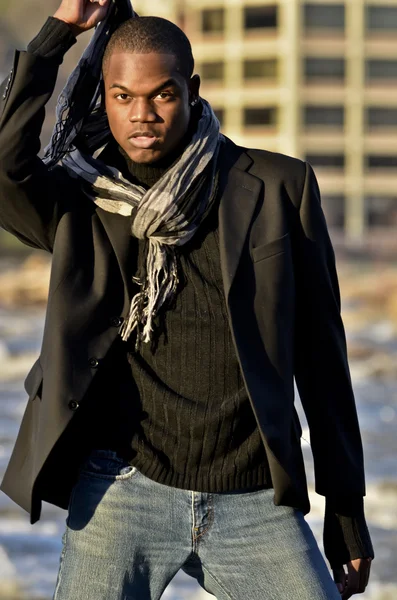 African American male model at the river