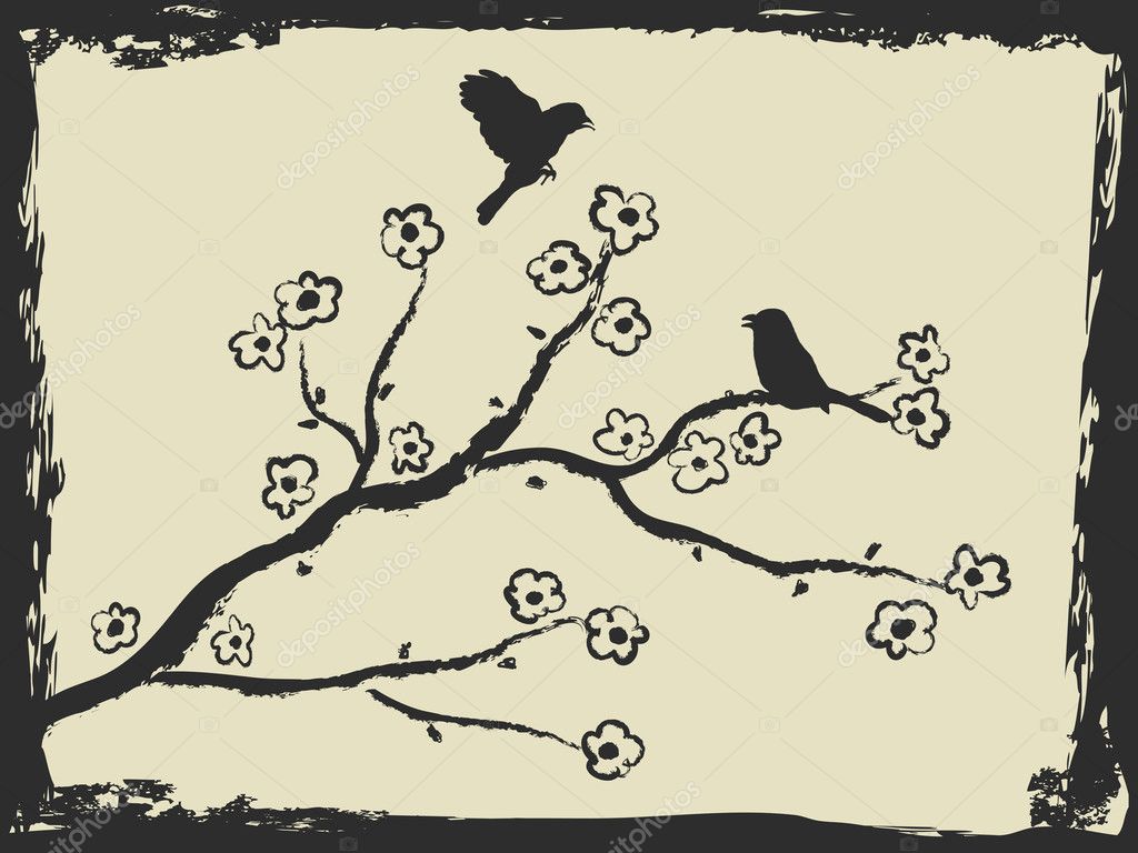 Spring background with birds and plum blossom