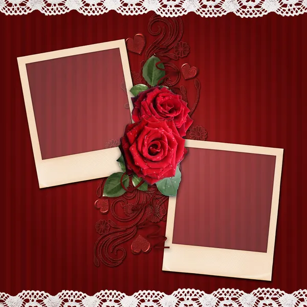 Red stripes background with elegant frames, roses for valent