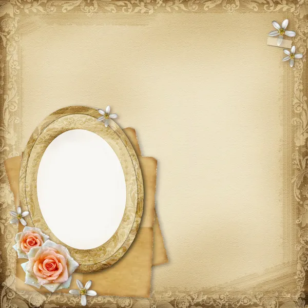 Ancient photo album page background with oval frame and rose