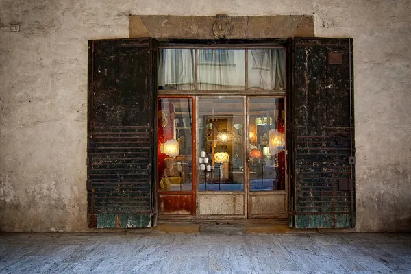 Shop window with antique glassware