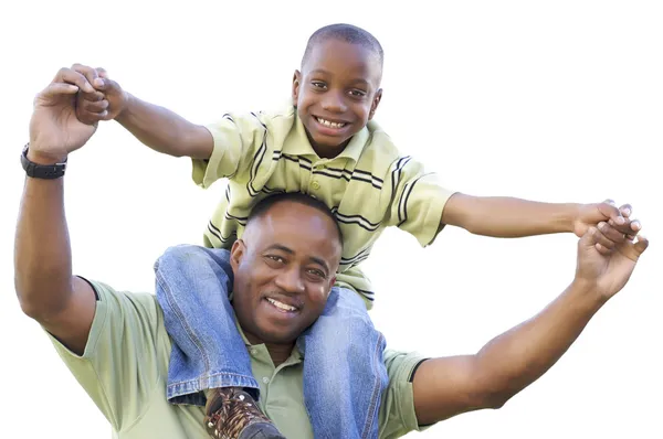African American Son Rides Dad\'s Shoulders Isolated