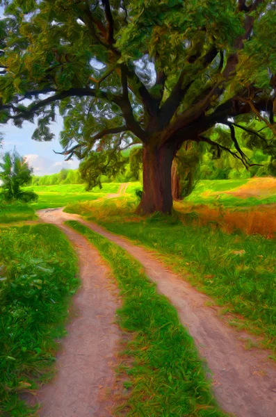 Landscape painting showing country road that leads beside huge oak tree
