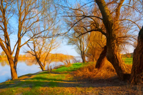 Landscape painting showing beautiful riverbank and trees on sunny day