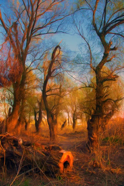 Landscape painting showing old forest at dusk
