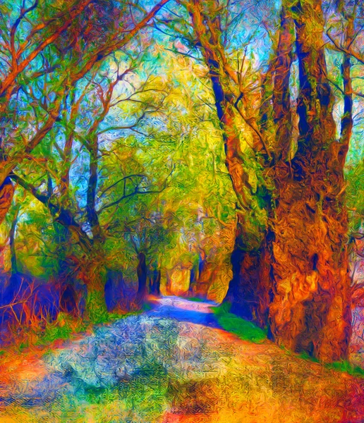 Landscape painting showing road through the forest on bright autumn day