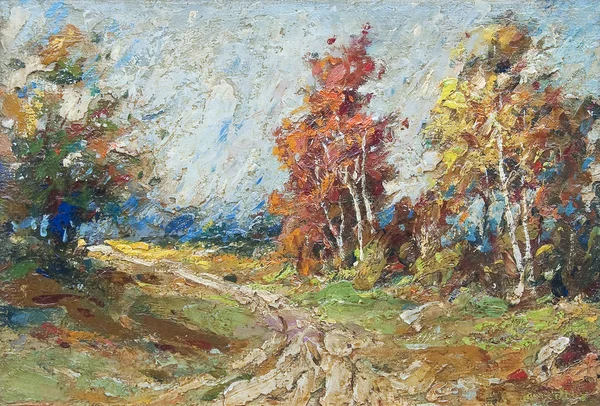 Oil painting showing beautiful forest landscape with road that leads throug