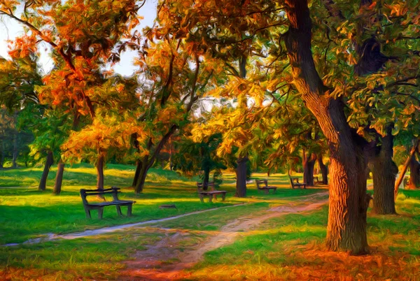 Landscape painting showing beautiful autumn colors in the park