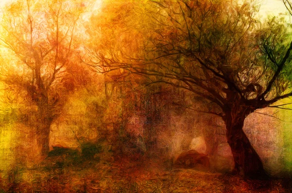 Landscape painting showing creepy forest on dark autumn day