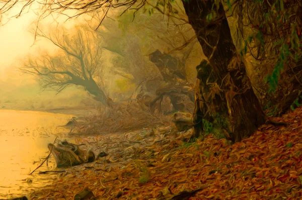 Creepy landscape painting showing remains of old forest on misty autumn day