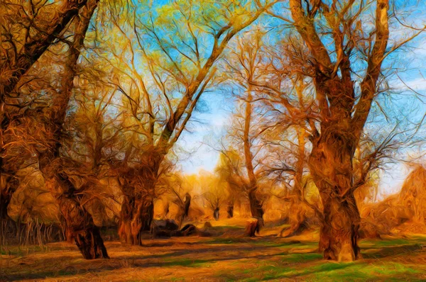 Landscape painting showing old forest on sunny spring day