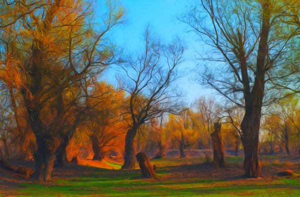 Landscape painting showing beautiful forest on sunny spring day