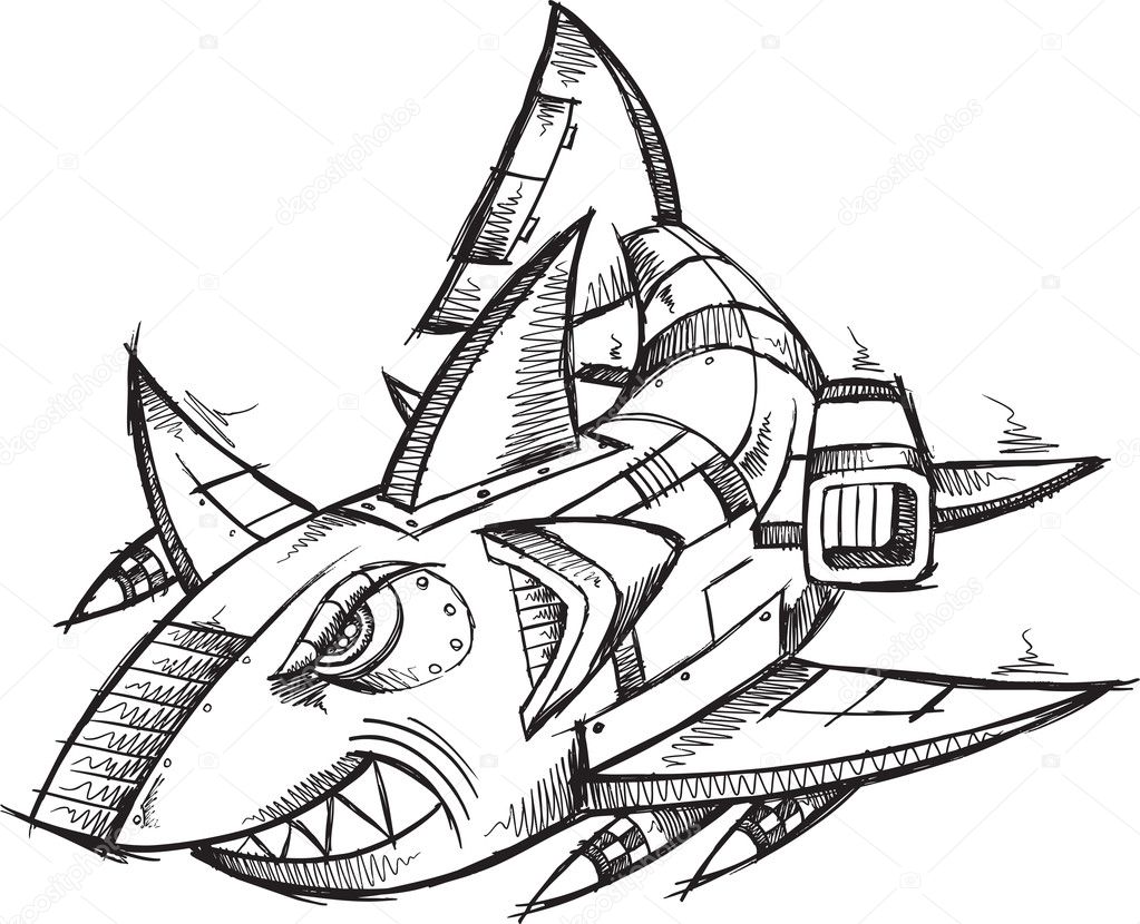 Sketch Doodle Robot Cyborg Shark Vector Illustration — Stock Vector © MisterElements #10349983