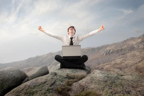 Triumphing young businessman sitting on a peak over the sea with a laptop on his knees