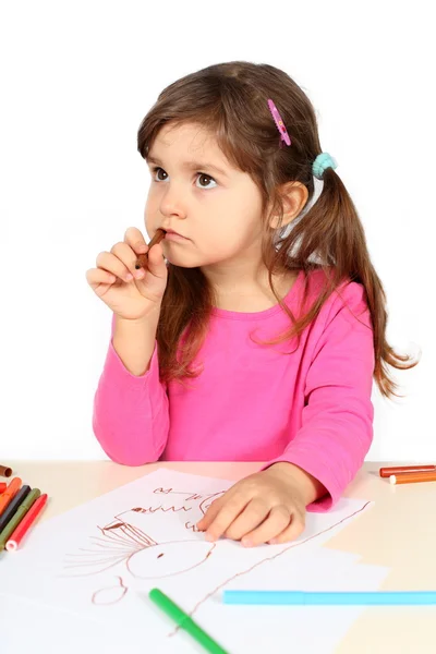 Little Girl Thinking over Drawing