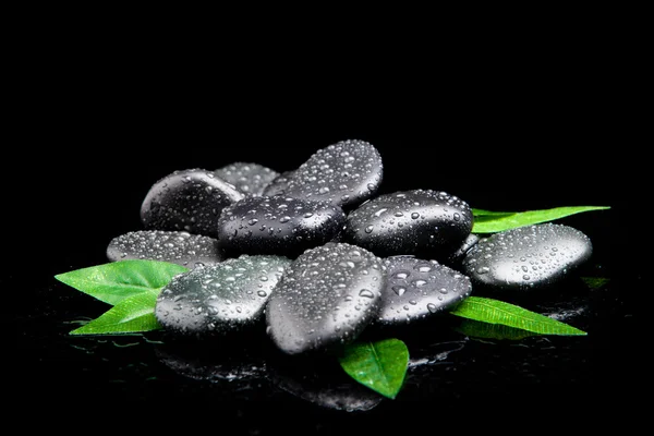 Zen stones and leaves with water drops. leaf and basalt stones.