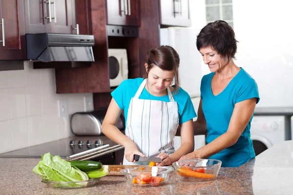 Mother teaching teenage daughter cooking
