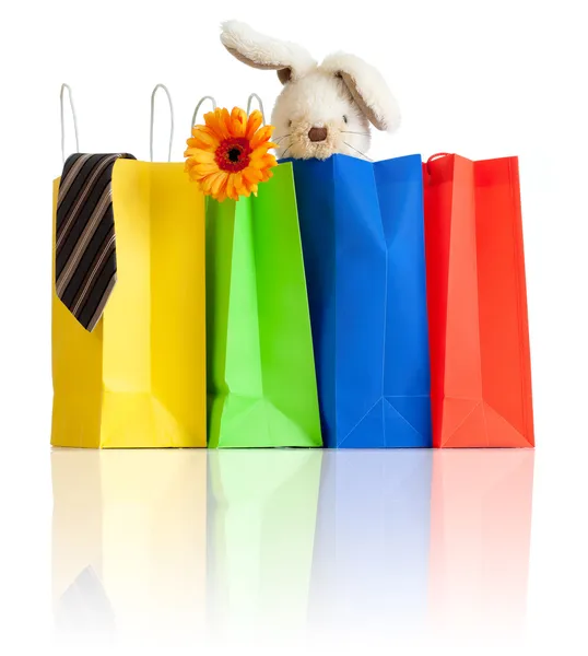 Shopping bags with purchases for family on white background with