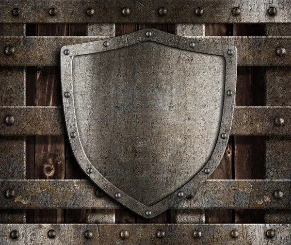 Aged metal shield on wooden medieval gates