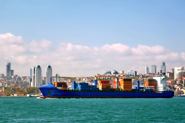 Container ship sails in front of the city