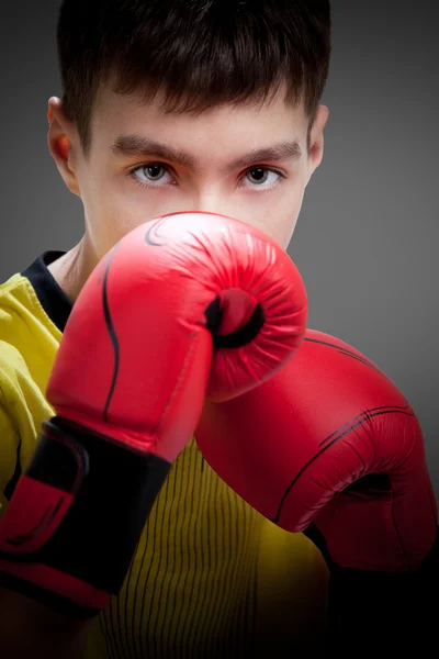 Young boxer in red gloves