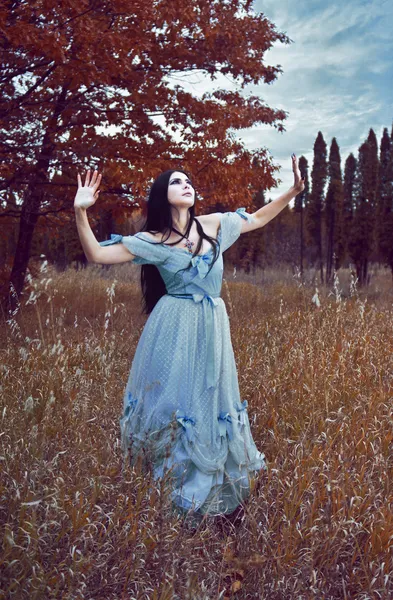 Gothic girl outdoor in blue dress autumn field