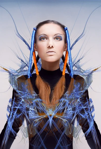 Futuristic girl with blue and orange energy flows. Art concept