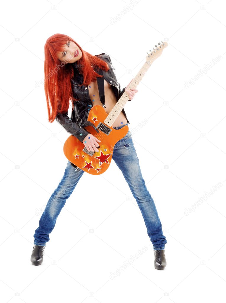 Picture of lovely redhead girl with orange guitar