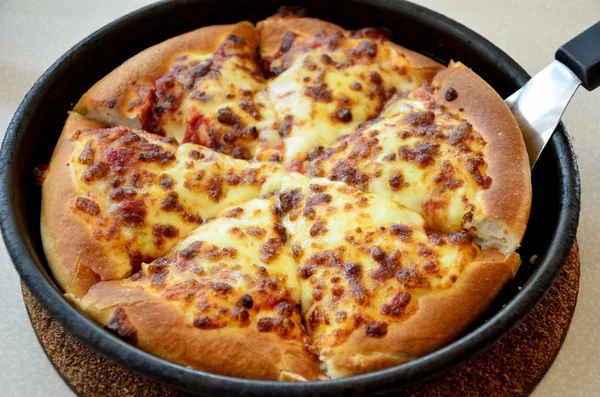 Cheese pizza in hot pan