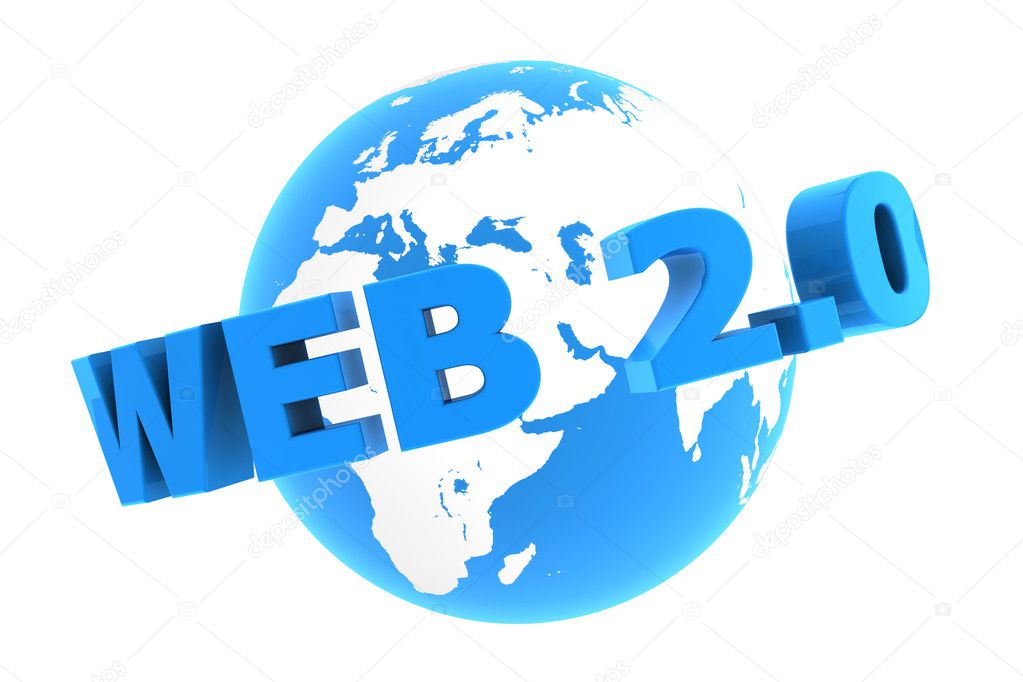  Web 2.0 is bent in front of a blue glossy globe —Photo by PixBox