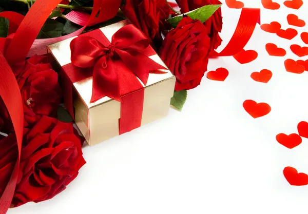 Art valentines card with red roses and gift box on white backgro